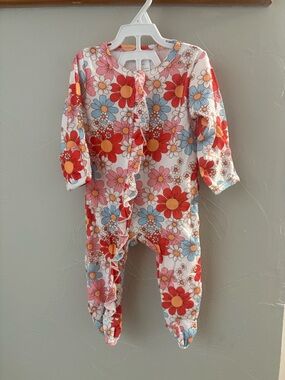 Floral Ruffle Baby One-Piece Romper - Pink & Red Daisy Print